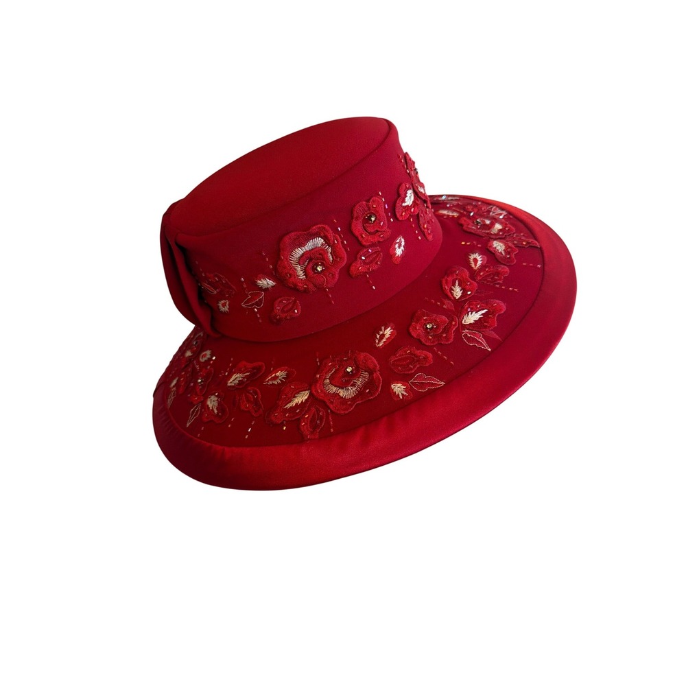 Ben Marc Church Hat Red Wool Floral Embroidered Beaded Wide Brim Bow